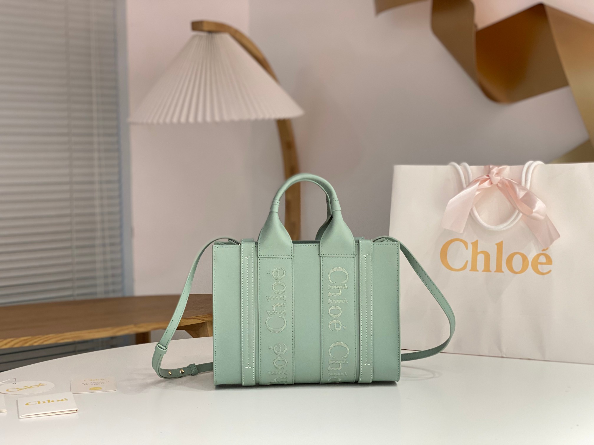 Chloe Small Woody Tote Bag In Blue Mist Soft Smooth Calfskin Leather